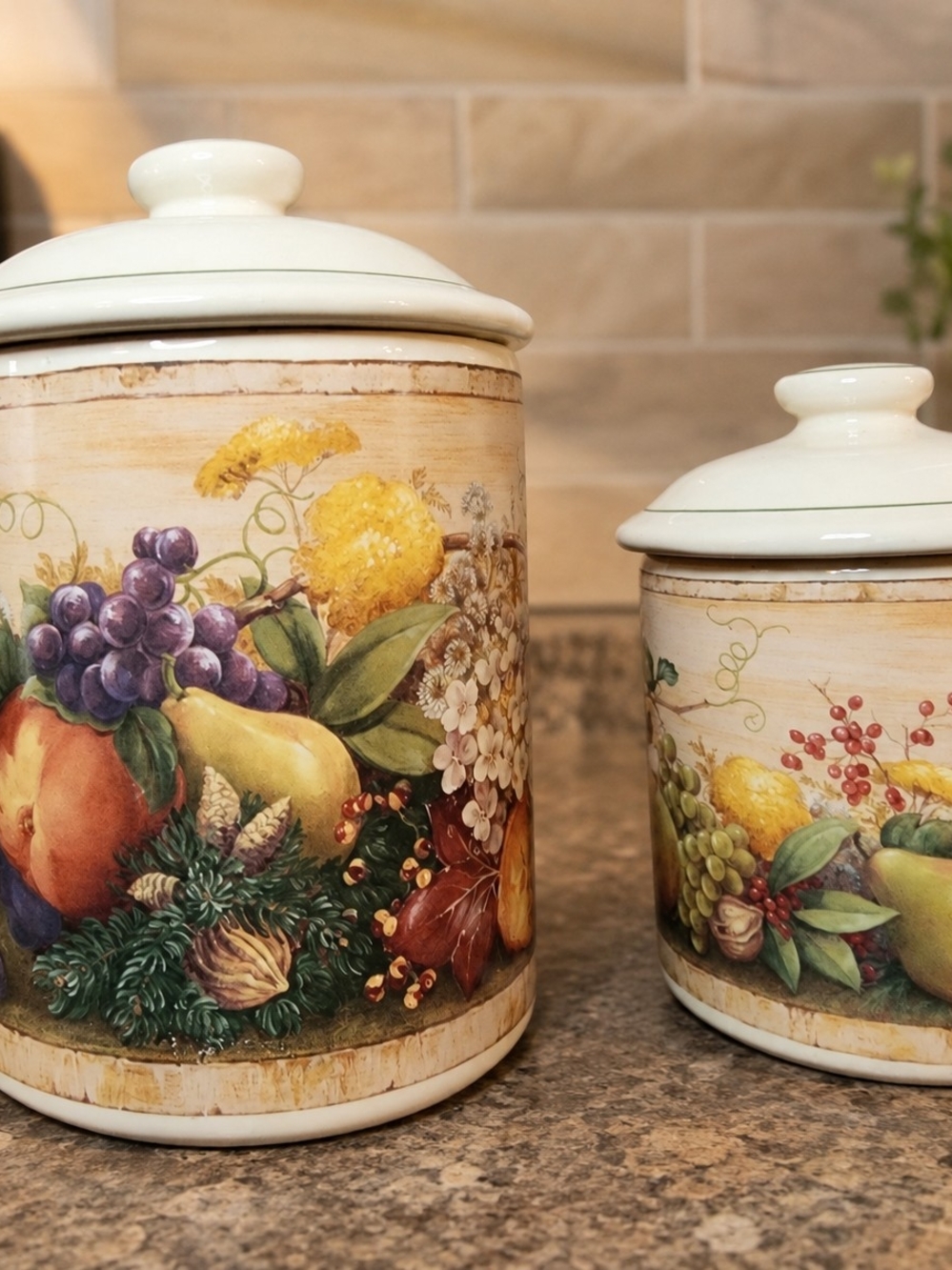 Vintage Fruit Ceramic Canister Set - Yellow, Green, Purple Accents